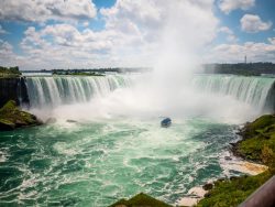 Hornblower boat heading towards Canadian Horseshoe Falls.